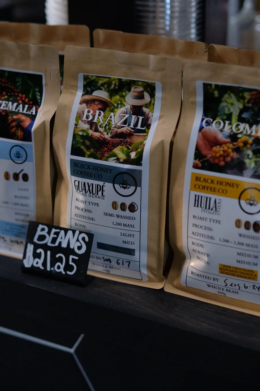 Single-origin coffee bags from Brazil, Guatemala, Huila and Mexico